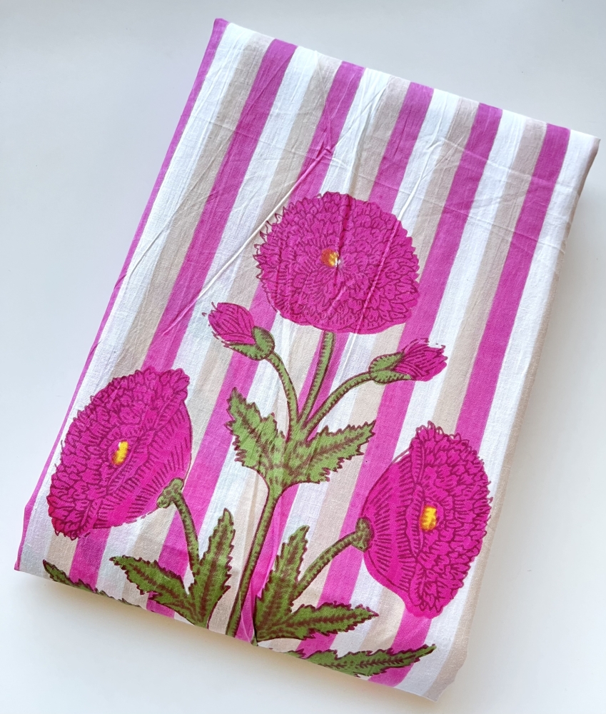Bild 1 von Baumwollstoff - Indien  - blockprint Handdruck Blumen Streifen pink creme grün - 50 cm