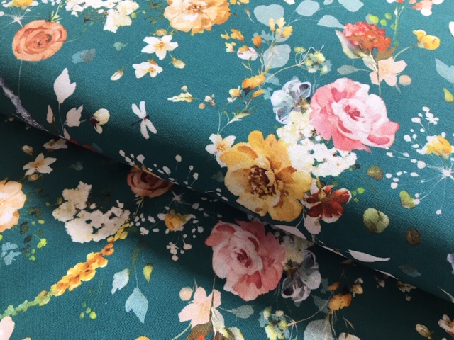 Bild 1 von Reststück Trachten Dirndl Baumwolldruck  - Blumen  - petrol  senf - 130cm