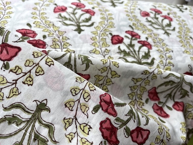 Bild 1 von Baumwollstoff - Indien  - blockprint Handdruck Blumen Rankenmuster cremeweiss rot gelb grün - 50 cm