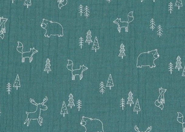 Bild 1 von Reststück BIO Baumwollstoff Musselin -Waldtiere  - weiß dunkles mint -  75 cm