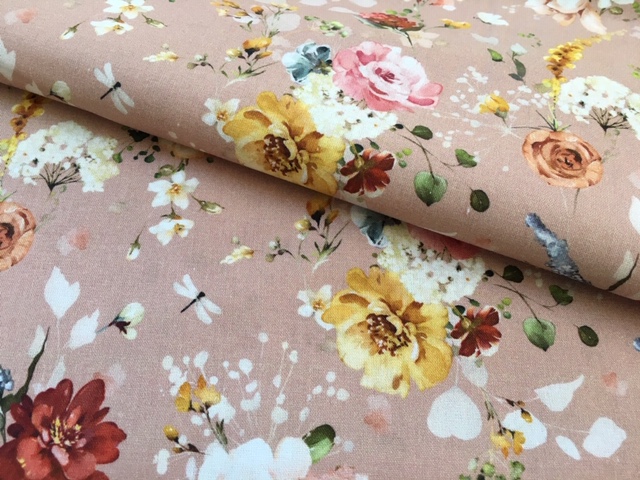 Bild 1 von Reststück Trachten Dirndl Baumwolldruck  - Blumen  - lachs pastell senf - 145cm