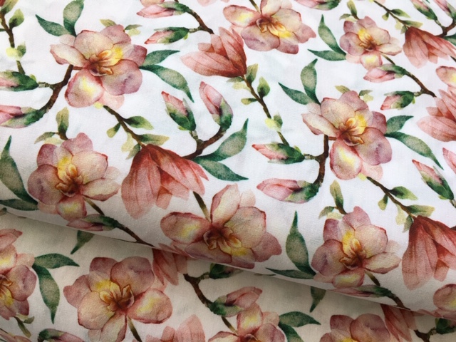 Bild 1 von Reststück Dirndl Stoff Blumen - weiß pfirsich grün - 160 cm