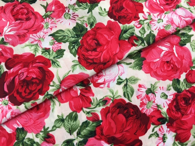 Bild 1 von Reststück Dirndl Stoff Blumen - creme rot rosa grün - 130 cm