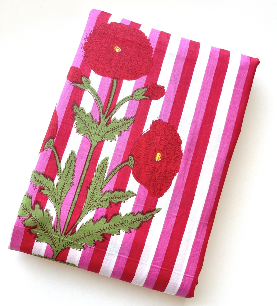 Bild 1 von Baumwollstoff - Indien  - blockprint Handdruck Blumen Streifen rot rosa grün - 50 cm