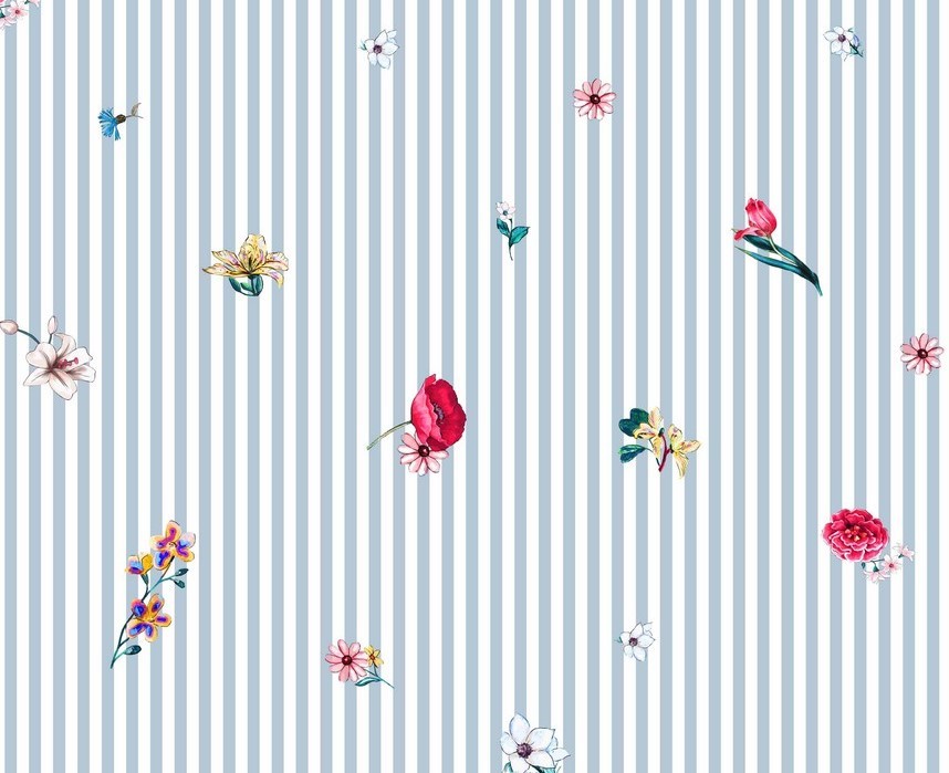 Bild 1 von Reststück Dirndl Stoff Blumen Streifen - hellblau weiß - 115 cm