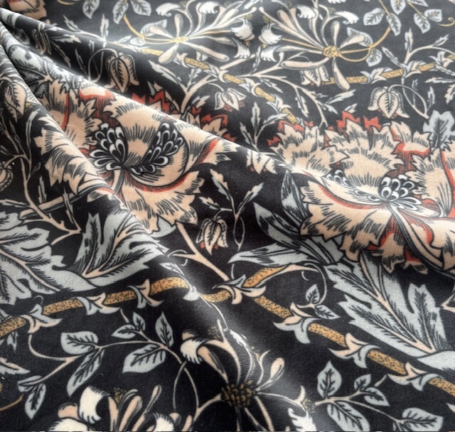 Bild 1 von Reststück Samt Deluxe bedruckt - Blumen schwarz cognac seegrün - 100 cm