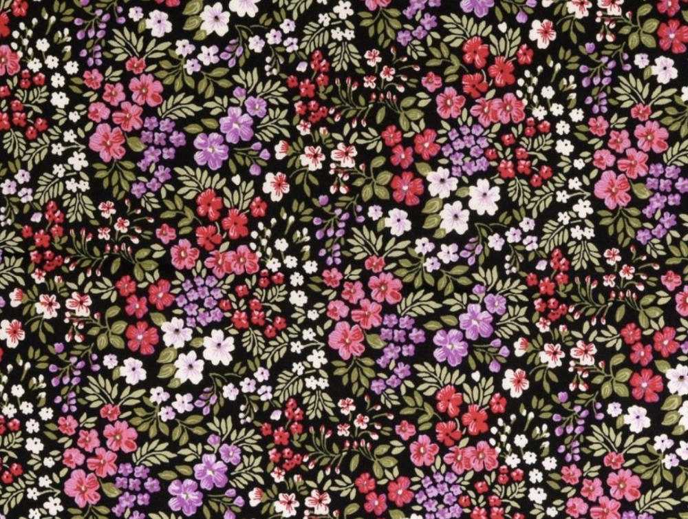 Bild 1 von Reststück Dirndl Stoff  kleine Blumen - schwarz rot flieder grün    - 130 cm
