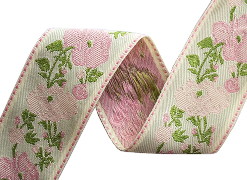 Bild 1 von Borte Jacquardborte Webband Band  creme rosa grün - 50 mm breit  - 375cm
